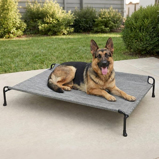Veehoo Outdoor Dog Bed, Raised Dog Bed for Large Dogs, Elevated Dog Bed with Headrest, 47" Cooling Washable Pet Cot, Breathable Dog Hammock for Camping & Indoor, Non-Skid, Black Silver
