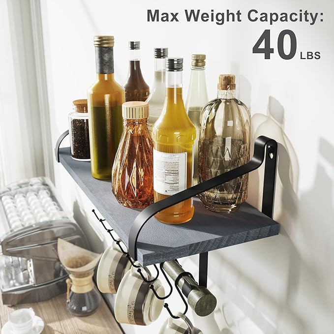 Love-KANKEI Wall Shelf for Storage Rustic Wood Kitchen Spice Rack with Towel Bar and 8 Removable Hooks for Organize Cooking Utensils or Mugs Floating Shelf Weathered Grey
