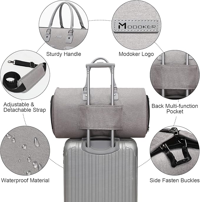 Convertible Garment Bag with Toiletry Bag, Modoker Carry on Garment Duffel Bag for Men Women - 2 in 1 Hanging Suitcase Suit Travel Bags, Light Grey