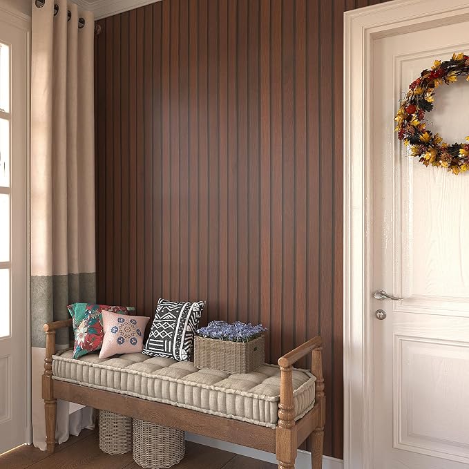 VEELIKE Walnut Wooden Slat Wallpaper Peel and Stick Waterproof Dark Wood