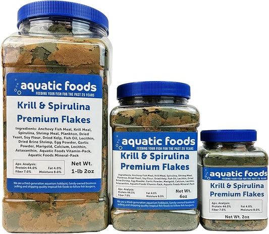 Aquatic Foods Inc. Premium Krill & Spirulina Flakes for Cichlids, Discus, Angels, Tetras, Guppies, Koi, Goldfish, All Tropical Fish Also Pellet Mix, Wafer Mix Included…6oz Jar