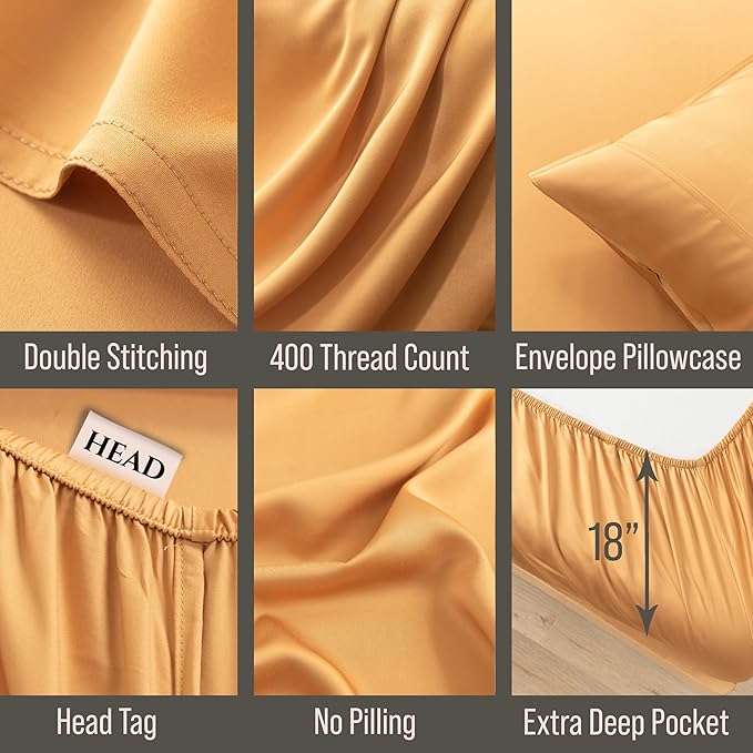 Bella Coterie Luxury Bamboo Viscose Queen Size Sheet Set | 100% Organically Grown | Ultra Soft | Cooling for Hot Sleepers | 18" Deep Pocket [Marigold]
