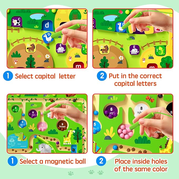 rifamee 2 in 1 Magnetic Color and Number Maze Magnet Alphabet Counting Double Sided Board Wood Puzzle Fine Motor Skills Montessori Preschool Toys Gifts for Boys and Girls 3-5 Age (Big Zoo, One Size)