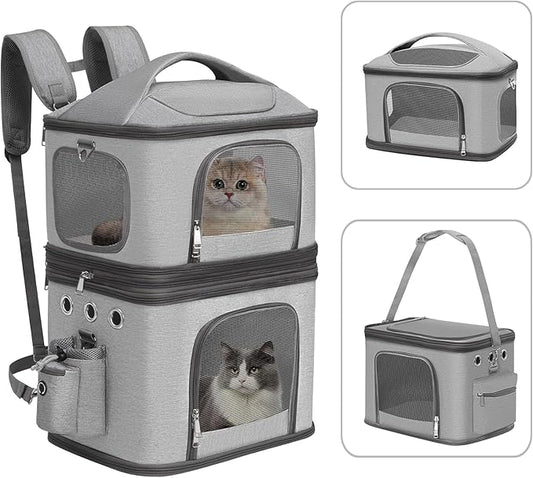 Detachable Double Pet Carrier Backpack for Cats and Small Dogs, Cat Travel Carrier for 2 Cats, Perfect for Traveling/Hiking/Camping, Grey