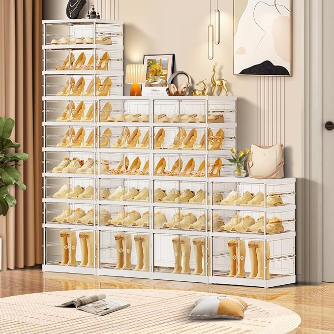 CIMLORD 9 Tier Foldable Shoe Rack for Closet Entryway 9-18 Pairs Stackable Clear Shoe Storage Boxes with Lids Tall Shoes Shelf with Door Plastic Organizer Cabinet Easy Assembly
