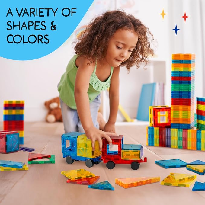 SUNNY AUNTIE Magnetic Tiles STEM Toys Building Set, Ages 3+ - 125 Pieces | Magnetic Tiles Building Toys, STEM Toys, Magnetic Blocks Construction Set, with 2 Cars & Guide Booklet for Kids Ages 3+