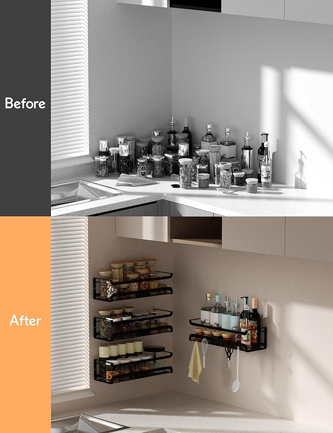 Spice Rack Wall Mount with Hooks - Spice Racks Organizer for Cabinet Storage, Wall Mounted Hanging Shelf Seasoning Organizer, for Kitchen, Pantry Door, Bathroom (Black, 2 Pack)