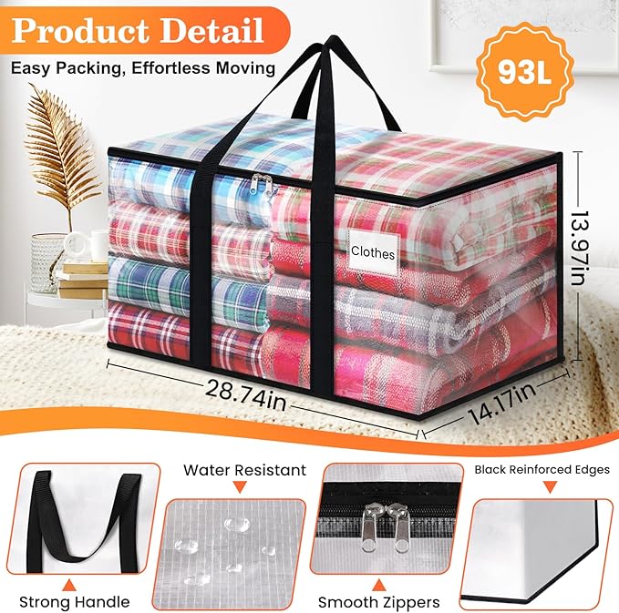 Extra Large Heavy Duty Moving Bags, Storage Bags with Strong Zippers & Handles, Packing Bags for Moving Essentials, Ideal Storage Tote for Home, Dorm & Storage Solutions, 93L-10 Packs, Clear