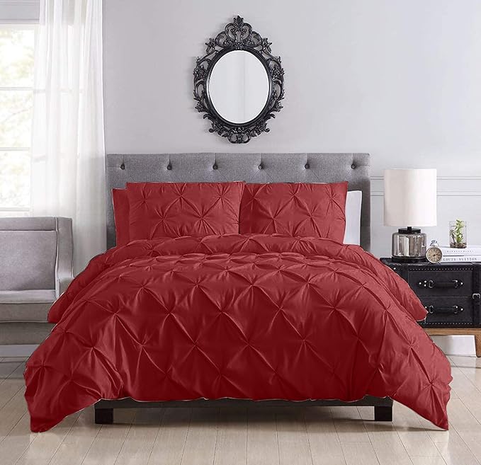 Pinch Pleated Duvet Cover Set 100% Brushed Microfiber 3PC Super King Size 98x108 Duvet Cover Set, Decorative Pinch Design Burgundy Duvet Cover with Matching Pillow Case