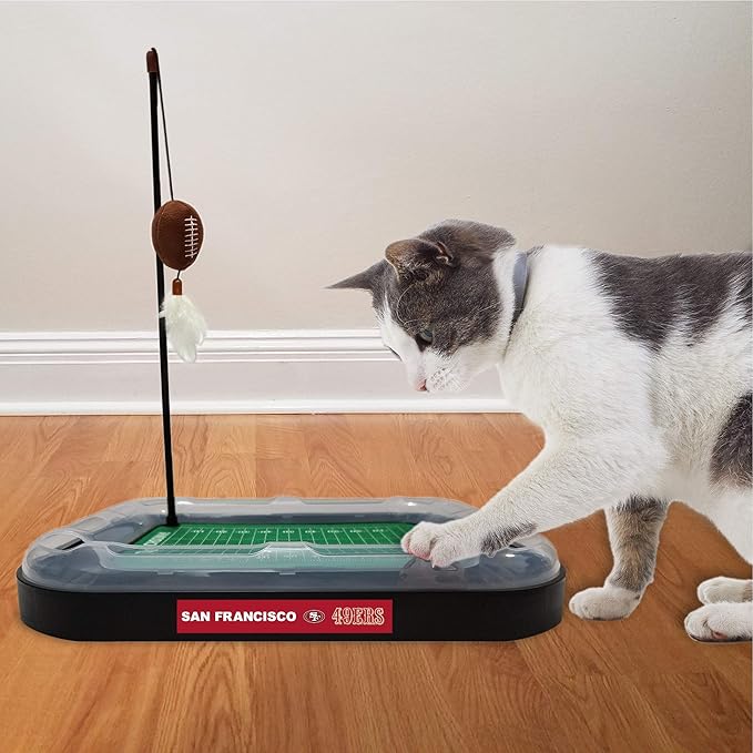 Pets First Cute Cat Toy SAN Francisco 49ERS Football Field CAT Scratcher Toy, Catnip Filled Plush Football Toy & Feather Cat Toy Hanging with Jingle Bell Interactive Ball Cat Chasing 5in1 Kitty Toy