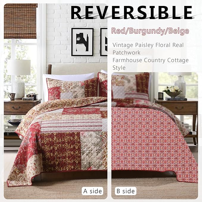 Yvooxny Quilt Set Queen Bedspread Country Farmhouse Cottage Vintage Ditsy Floral Paisley Style Reversible Lightweight Coverlet Set Real Patchwork Quilt for All Seasons, Antique Rose, Queen Size