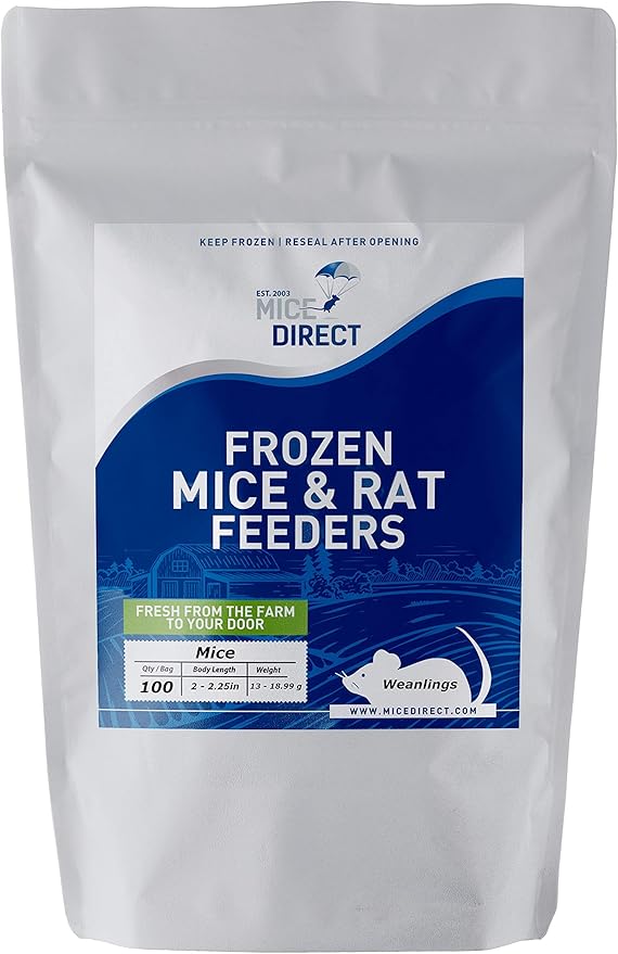 MiceDirect 100 Frozen Mice Weanling Feeders Snake Food for Juvenile Red Tail Boas Ball Python Adult Milk Snakes Corn Sand Boa (2-2.5 in) (Pack of 100) (1300 Grams Min)