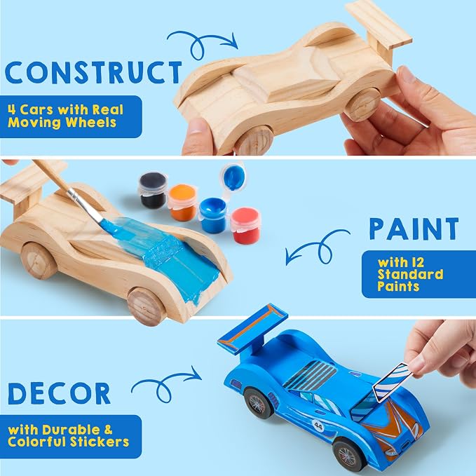 Klever Kits 4 DIY Wooden Race Cars-Build & Paint Your Own Wood Craft Kit, 4 Race Cars Toy, Easy to Assemble Arts Crafts Kit, Birthday Party Presents for Kids Boys and Girls
