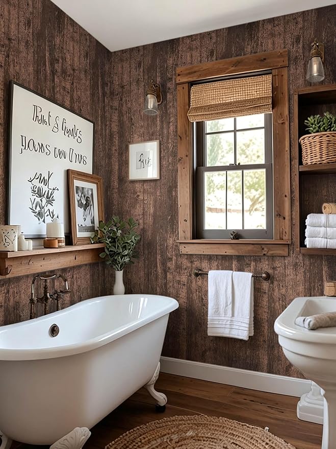 Dimoon 17.7"x118''Wood Peel and Stick Wallpaper Brown Dark Wood Wallpaper Wood