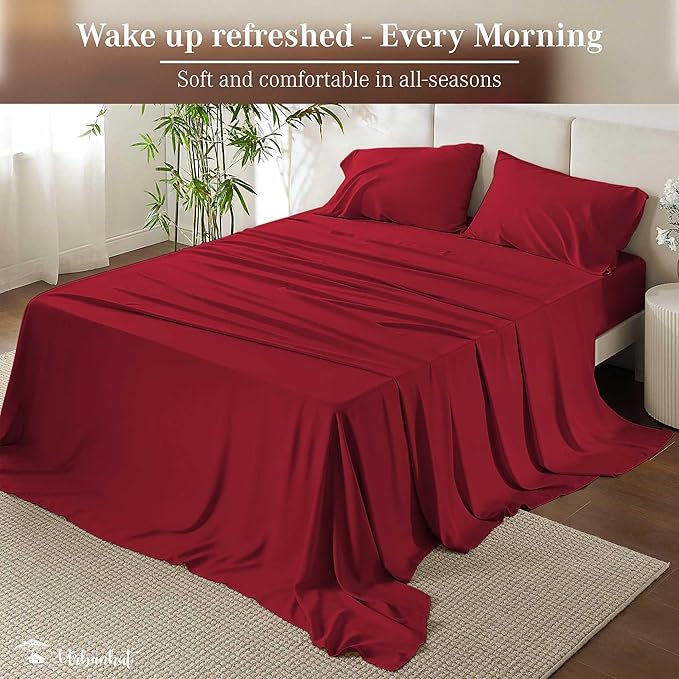 URBANHUT 700 Thread Count Egyptian Cotton Twin Sheets, 4Pc Sheet Set Soft Luxury Bed Sheets for Twin Size Bed, Sateen Weave Hotel Sheets, 14'' Elasticized Deep Pocket - Burgundy