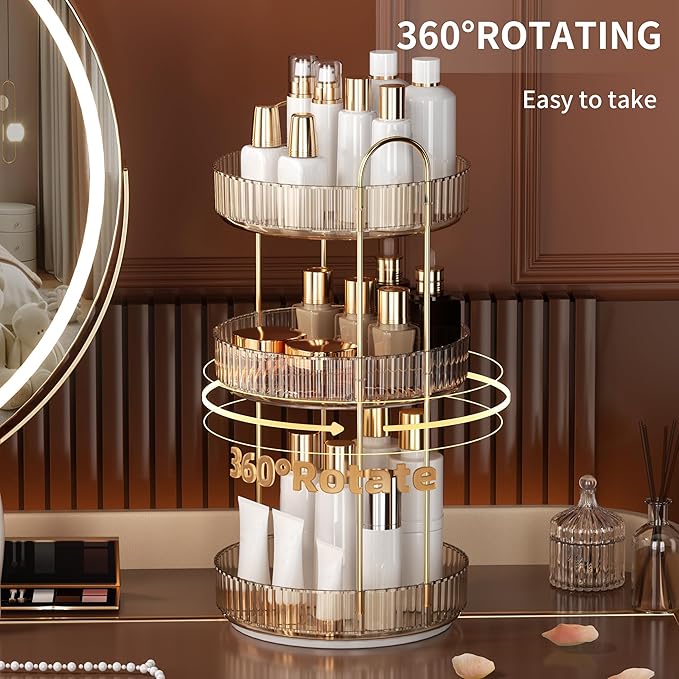 YCIA&DONE 360 Rotating Makeup Organizer and Storage for Vanity Countertop 3 Tiers, High Capacity Cosmetic Skincare Perfume Organizers for Dresser Bathroom Lazy Susan (Amber Gold)