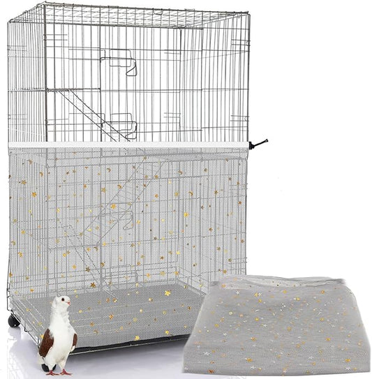 Bird Cage Seed Catcher, 60-118'' Large Bird Cages Cover, 31.5'' H Adjustable Nylon Bird Cage Mesh Net, Soft Airy Bird Cage Skirt Guard Accessories for Parrot Parakeet Macaw (Gray)