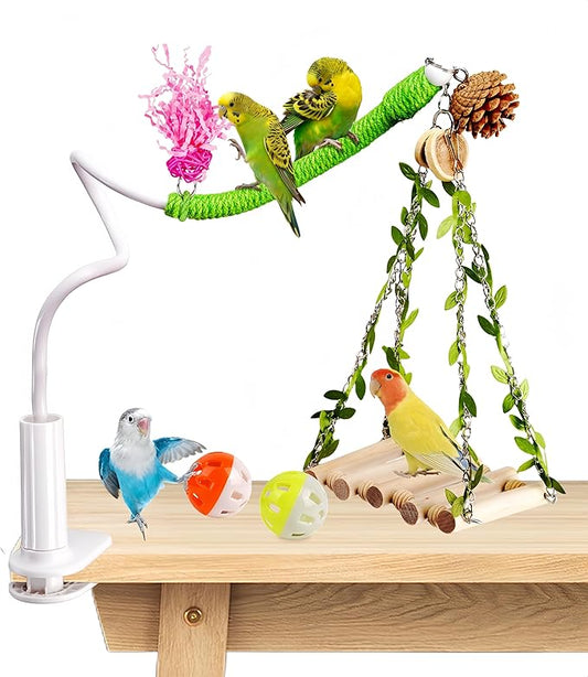 Bird Perch Stand with Swing, Desktop Bird Toy & Stand for Interacting, Interactive Playground for Sun Conure, Lovebirds, Conure, Budgie, Cockatiel - Non-Slip Adjustable Perch