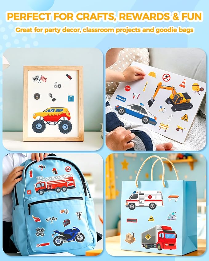 Aowplc 32 Make Your Own Vehicle Sticker Sheets for Kids | Transportation Stickers for Party Favors & Craft Activities