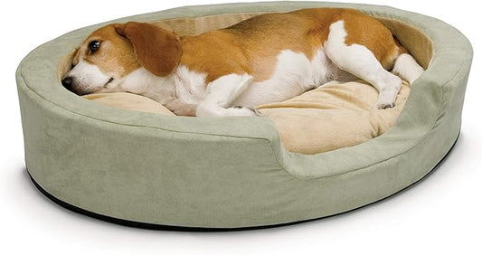 K&H Pet Products Heated Dog Bed Indoor, Thermo-Snuggly Sleeper with Removable Waterproof Heated Pad, Calming Pillow Pet Bed, Machine Washable, Safety Listed - Medium 26 X 20in Sage/Tan