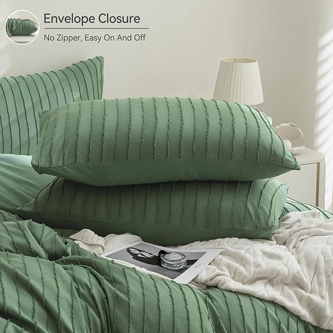 JELLYMONI Duvet Cover California King Size Green - 3PCS Boho Striped Duvet Cover Set Polyester Tufted Bohemian Textured Comforter Cover 104×98in with Corner Ties & Zipper and 2 Pillowcases