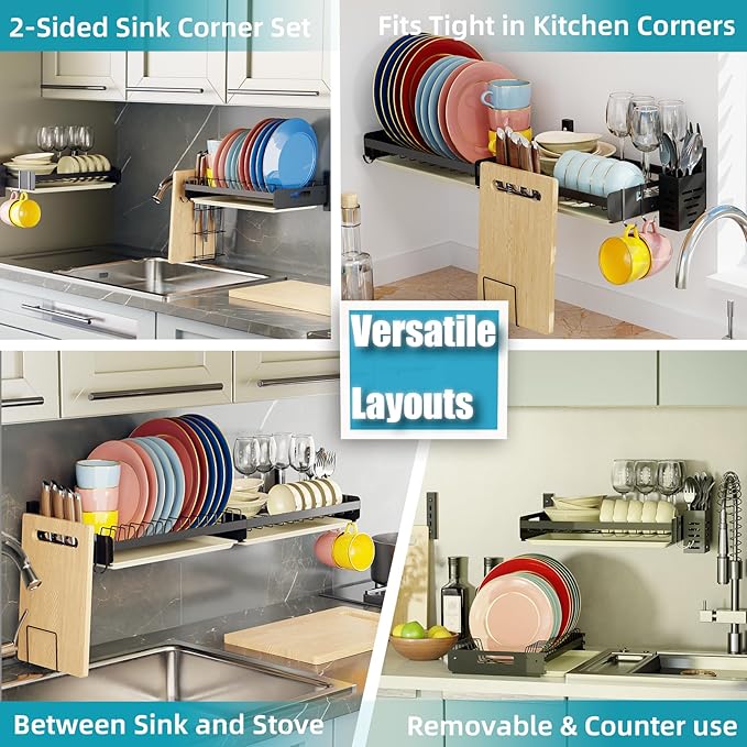 Hanging Wall Mounted Dish Drying Rack, Cutting Board Rack*1, Hook*4, Drain Tray*2, Apartment & RV Wall Mounted Dish Rack, Small Kitchen & Clean Countertop Solution, Multiple Layouts, Black