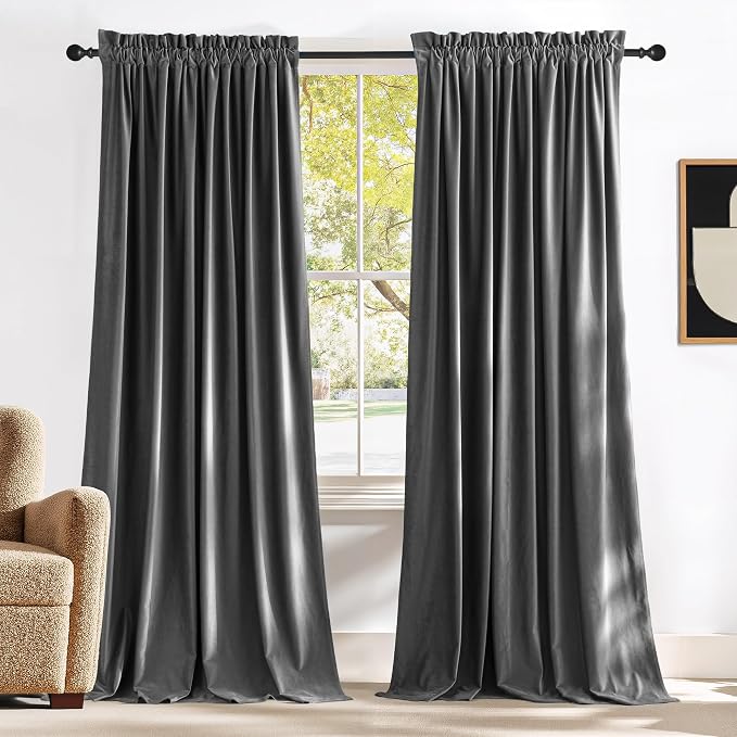NICETOWN Living Room Grey Velvet Curtains, Sound and Sunlight Reducing Heavy