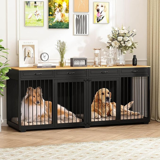 Extra Large Dog Crate Furniture, 93 Inch Heavy Duty Wooden Dog Kennel with Drawers & Removable Divider, Indoor Furniture Style Luxury Double Rooms Dog House for XL Large Dogs, Black
