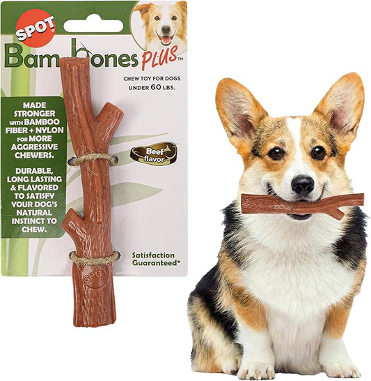 SPOT Bam-Bones Plus Branch -Bamboo Fiber & Nylon, Durable Long Lasting Dog Chew for Aggressive Chewers – Great Toy for Adult Dogs & Teething Puppies Under 60lbs, Non-Splintering, 5.75in, Beef Flavor