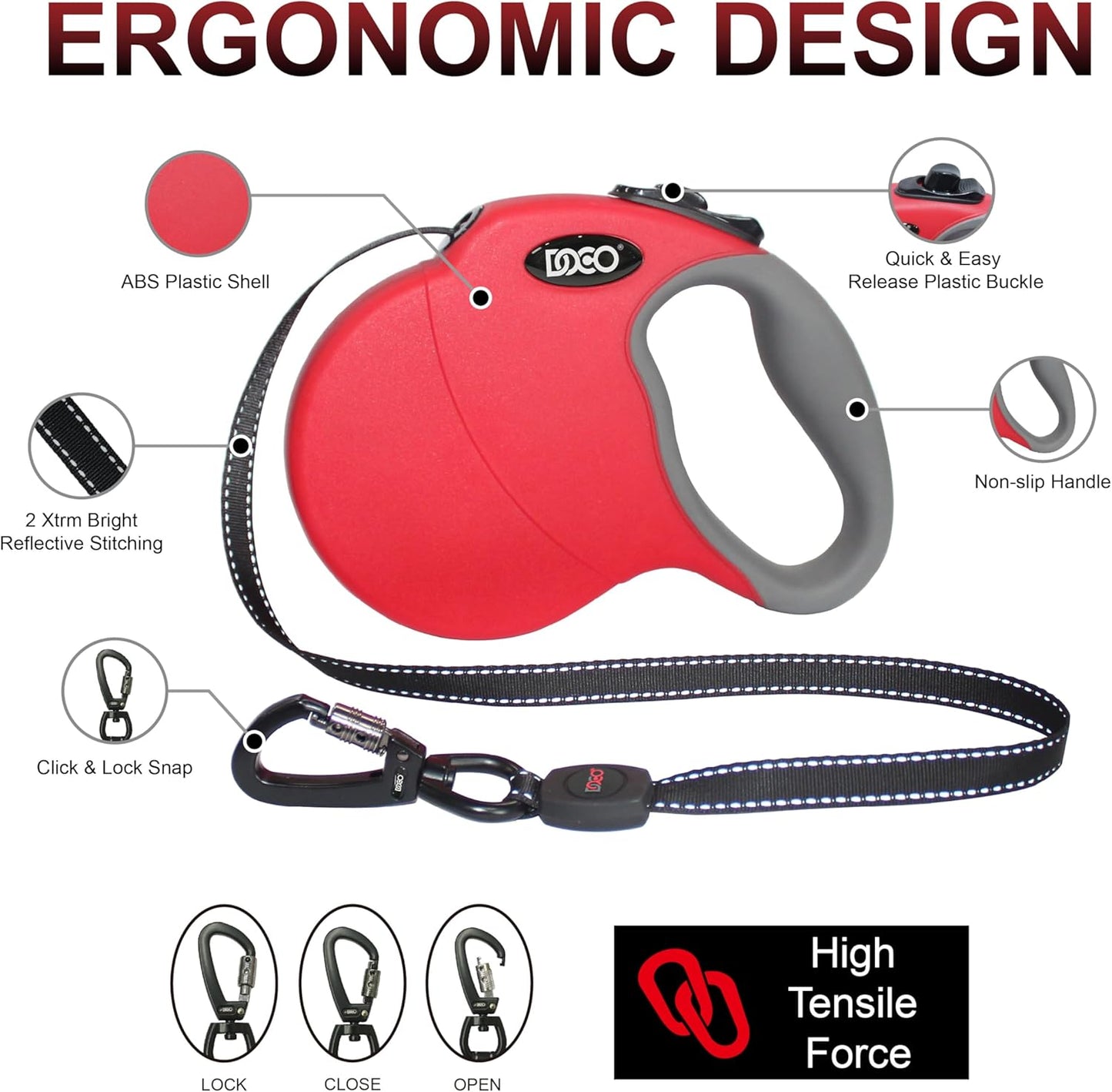 DOCO Retractable Dog Leash for Large Dogs (Length - 16’, Weight - Upto 45lb) Reflective Tape Lead with Stop and Lock Control, Tangle Free 360° Swivel Snap & Anti-Slip Grip (Blue, Medium)