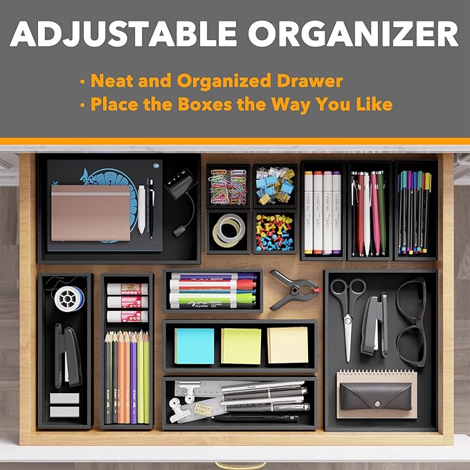 SpaceAid 14-Piece Bamboo Drawer Organizer Storage Boxes Set, Wood Tray Junk Drawer Organizers Multi-Use Divider Bins for Kitchen, Bathroom, Office Desk and Makeup Organization (14 Pack, Black)