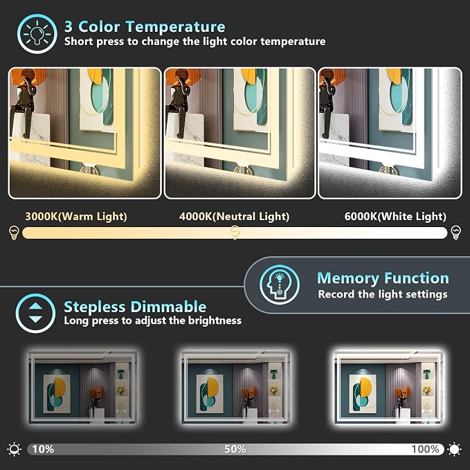48x28 LED Bathroom Mirror with Lights, Backlit and Front Lit Anti-Fog Lighted