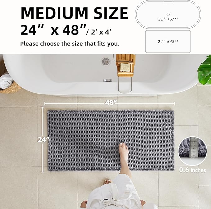 Waffle Bath Mat, Boho Bathroom Rugs Non Slip Washable Super Absorbent Quick Dry Bath Mat Farmhouse Bathroom Decor, 48"x24" Grey