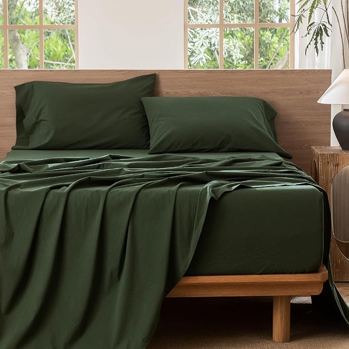 MooMee Bedding Sheet Set 100% Washed Cotton Linen Like Textured Breathable Durable Soft Comfy (Solid Forest Green, Twin)