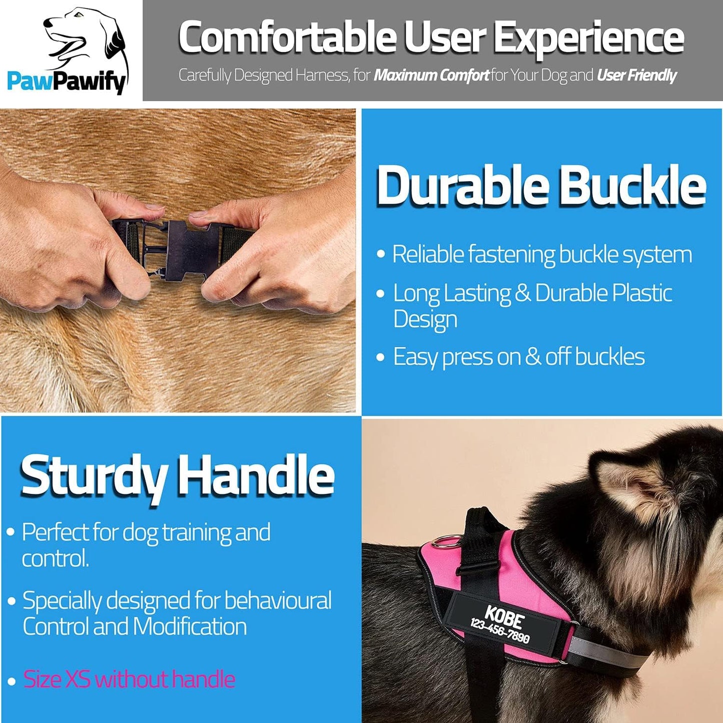 PawPawify Custom No Pull Dog Harness with Name and Phone Number, Heavy Duty Personalized Pet Vest to Prevent Tugging, Pulling, or Choking, Training and Walking (Camouflage Blue, XS (5-9LBS))
