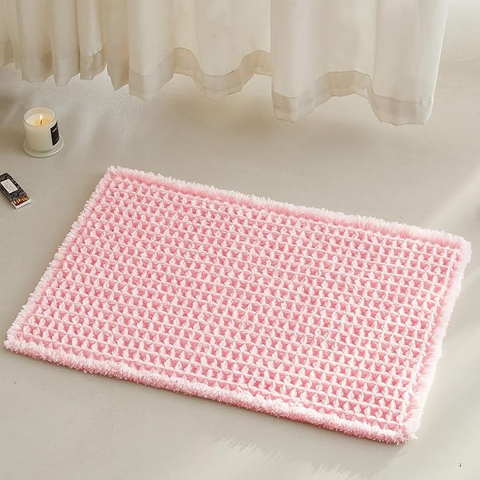 Light Peachy Pink Bathroom Rugs, Waffle Bath Mat Non Slip Washable Quick Dry Cute Bath Mat Boho Farmhouse Bathroom Decor, 24"x16" Light Peachy Pink