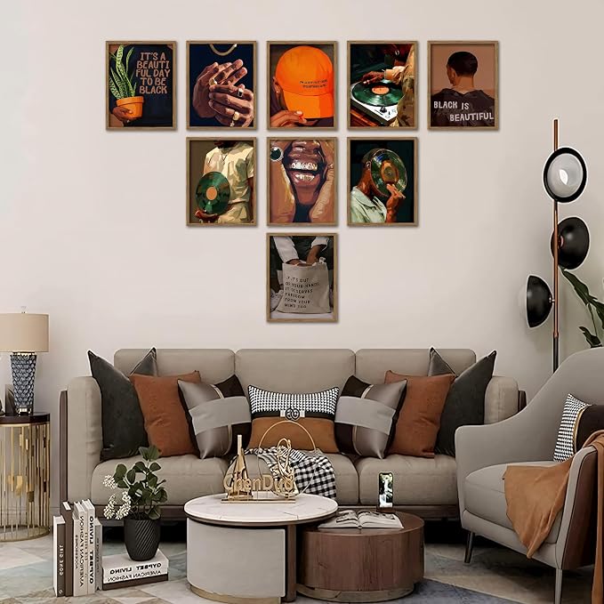 Black Culture Wall Art Set of 9, Living Room, Neutral Color Home Decor