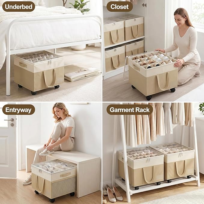 2 Pack Large Shoe Organizer for Closet, Adjustable Dividers Shoe Storage Box Bins with Wheels Clear Cover Reinforced Handle Side Pocket Fits up to 32 Pairs, Foldable Shoe Organizer for Entryway Beige