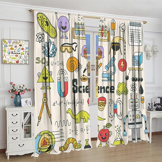Cartoon Science Bedroom Curtains, Chemistry Science Pharmacy Research Blackout Rod Pocket Window Drapes for Childs Girls Boys Bedroom Living Room Home Set 2 Panels,42x45 Inches