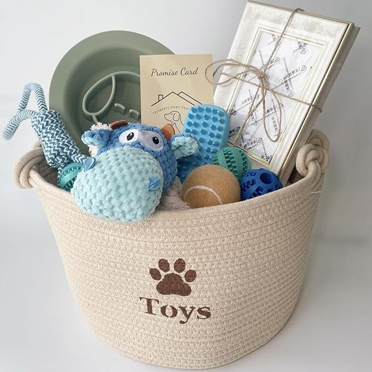 Dog Welcome Gift Box – New Puppy Starter Kit with Promise Card, Frame, Toys, Double‑Sided Bowl & Brush in Woven Basket – Dog Adoption Gift for Small Medium Dogs
