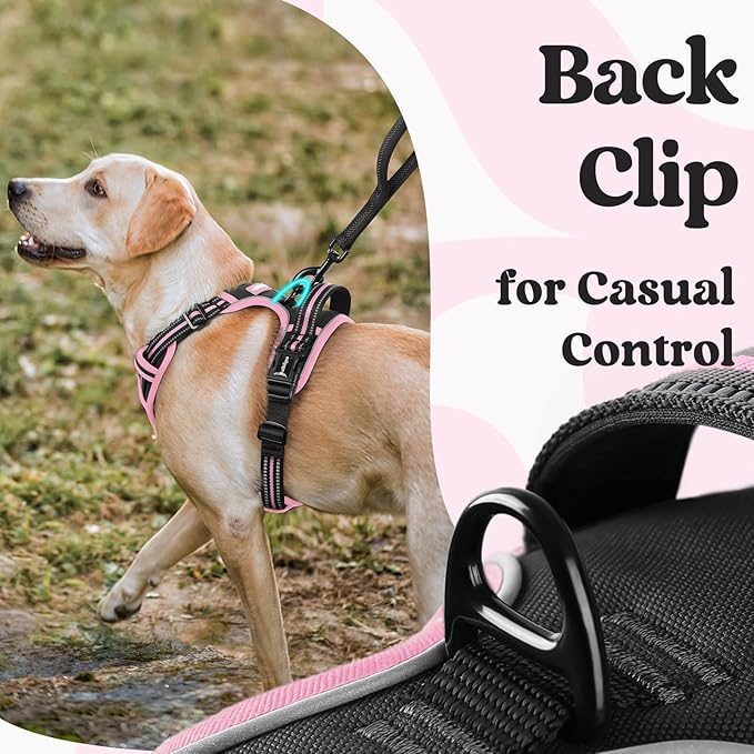 rabbitgoo Dog Harness Medium Sized, No Pull Pet Harness with 3 Buckles, Adjustable Soft Padded Vest with Control Handle, Walking Reflective Pet Vest for Medium Dogs, Black & Pink, M