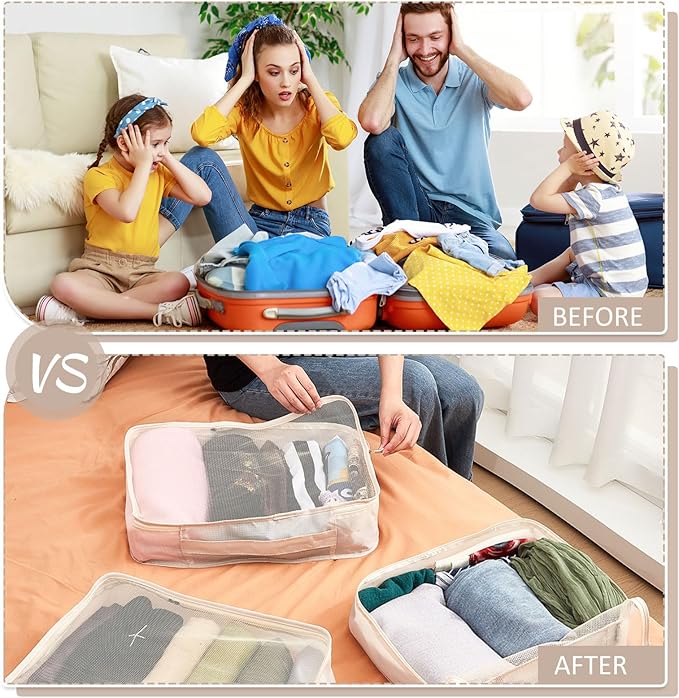 Silkfly 12 Pcs Packing Cubes for Suitcase Travel Luggage Bags Bulk Mesh Organizer Set for Hiking Camping Backpacking Clothes Accessories (Khaki)