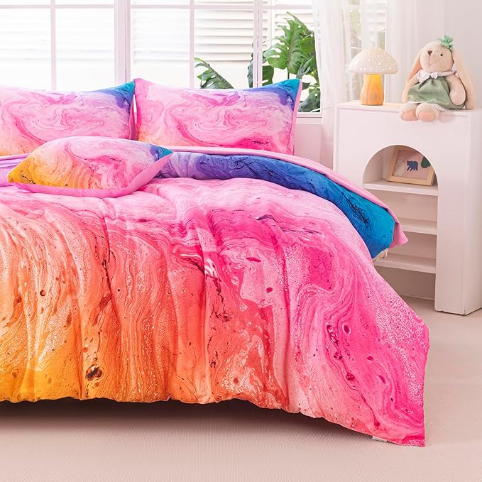 4Pcs Tie Dye Full Size Comforter Set for Girls Kids, Colorful Girls Bedding Set Full, Soft Kids Bed in A Bag (1 Comforter, 1 Flat Sheet, 2 Pillowcases)