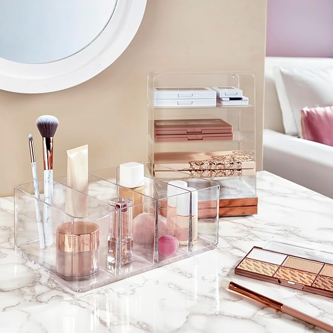 STORi 4-Compartment Clear Plastic Organizer, Rectangular Divided Makeup and Vanity Storage Bin, Use Upright for Eyeshadow Palettes, Made in USA