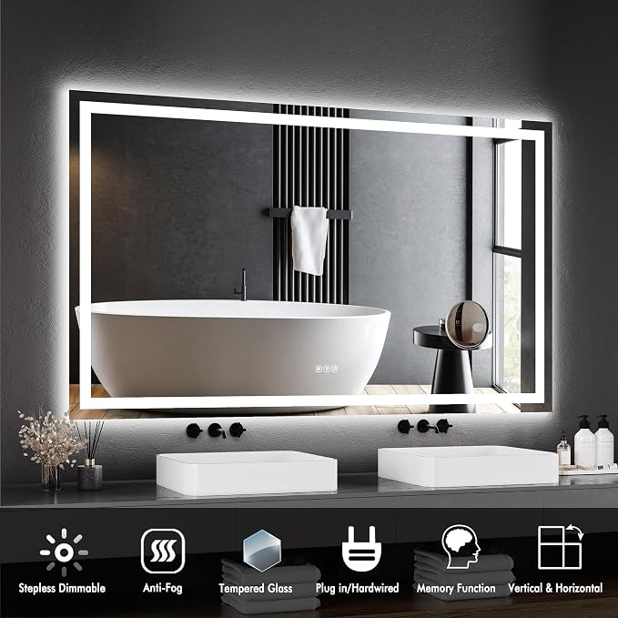 LED Bathroom Wall Mirror 60 x 36 Inch, Frameless Vanity Mirror