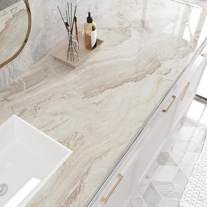 VEELIKE Glossy Beige Gold Marble Contact Paper