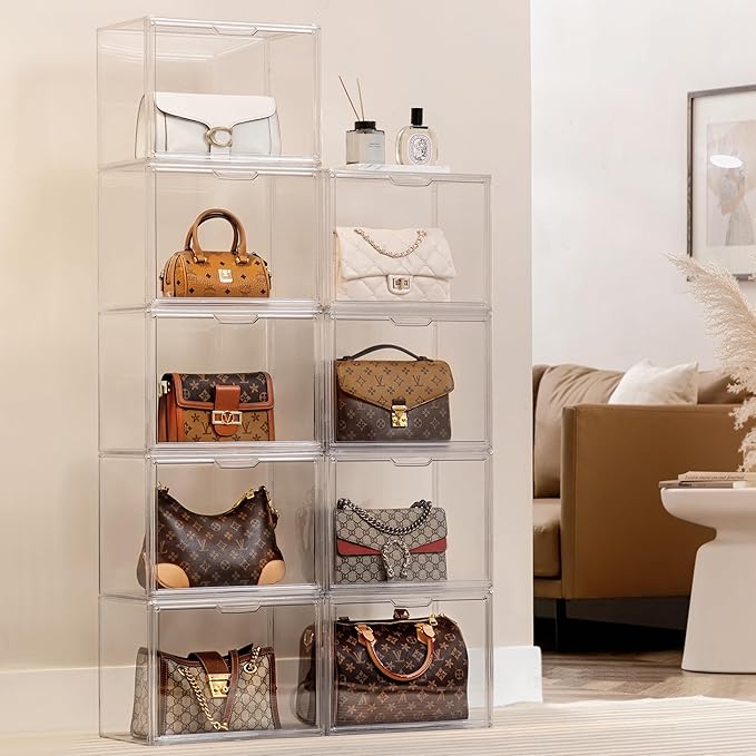 HBlife 6 Pack Purse Storage Organizer for Closet, Large Clear Stackable Handbag Display Case Box with Magnetic Door for Collectibles, Cosmetics, Women Heels and Toys