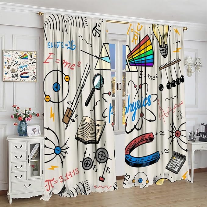 Science Physics Window Curtains, Abstract Math Chemistry Curtain Scientist Graffiti Print Window Treatments for Kids Teens Bedroom Living Room Set 2 Panels,42x63 Inches