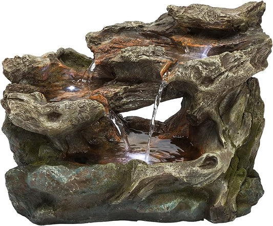 Alpine Corporation WIN1334 10" Tall Tabletop 3-Tier Waterfall Rock Fountain with LED Lights, Indoor Decorative Water Feature for Desk, Table, Office, and Home, Brown