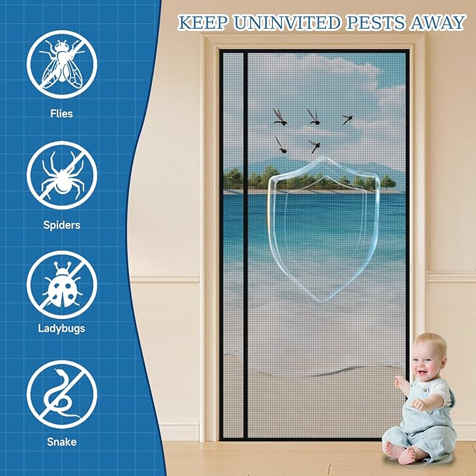 Magnetic Screen Door Left Right Side Opening Upgraded PET Mesh Greater Than Fiberglass and Polyester,Keep Bugs Out,Pet & Kid Friendly,Suitable for Sliding Doors,Patio French Doors-64" X 80"